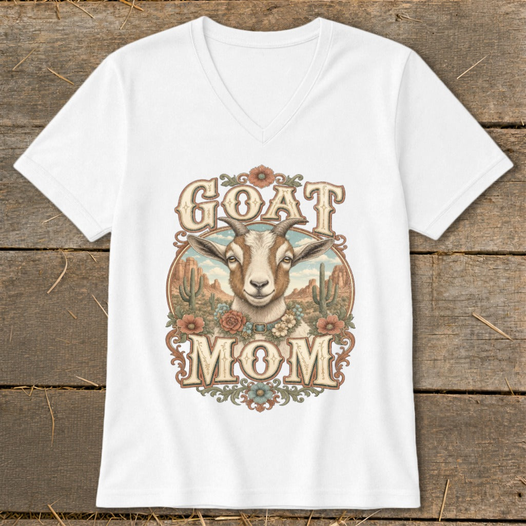 White t-shirt with a vintage-style graphic of a goat's head and the text "GOAT MOM".