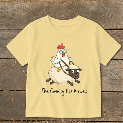 Yellow t-shirt with a cartoon chicken riding a sheep, text "The Cavalry Has Arrived".