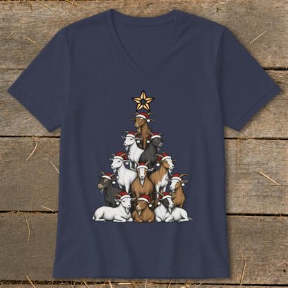 Goats in Santa hats form a Christmas tree topped with a star on a navy t-shirt.