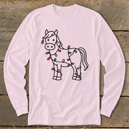 Line art horse adorned with colorful Christmas lights on a pink long-sleeve shirt.