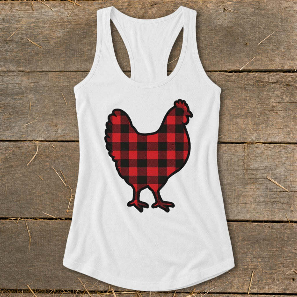 White tank top with a red and black buffalo plaid chicken graphic.