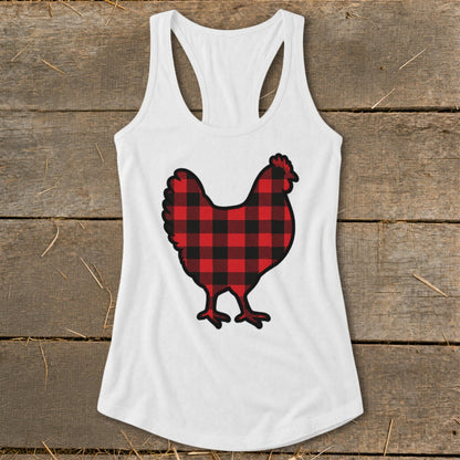 White tank top with a red and black buffalo plaid chicken graphic.