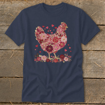 Navy t-shirt with a chicken graphic made of pink and red flowers and gold accents.