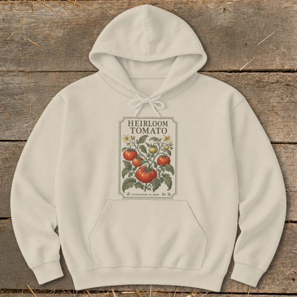 Cream hoodie with heirloom tomato seed packet graphic, "Guaranteed to Grow 5¢".