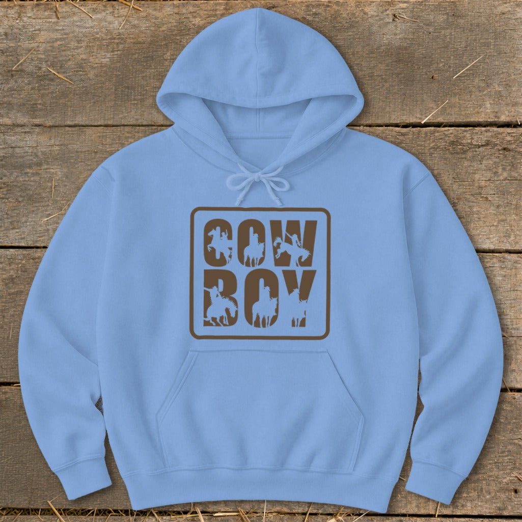 Light blue hoodie with brown cowboy silhouette graphic and text.