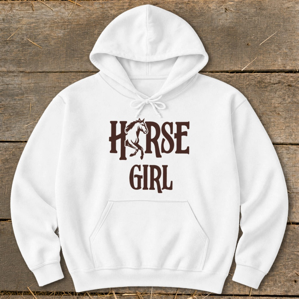 White hoodie with "HORSE GIRL" text and horse graphic.