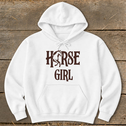 White hoodie with "HORSE GIRL" text and horse graphic.