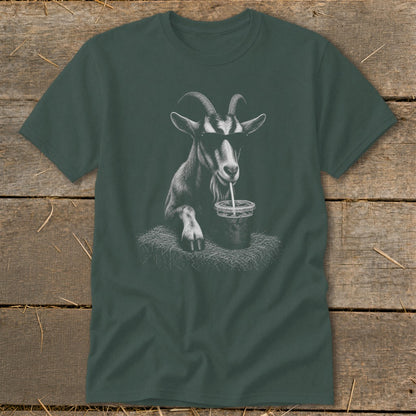 Dark green t-shirt with a sketch of a goat wearing sunglasses drinking from a cup.