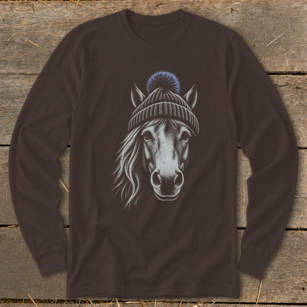 Long-sleeved brown shirt with a sketch of a horse wearing a knit hat and pom-pom.