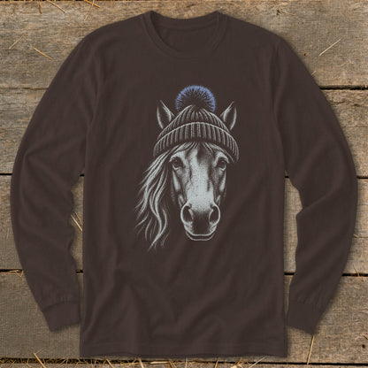 Long-sleeved brown shirt with a sketch of a horse wearing a knit hat and pom-pom.