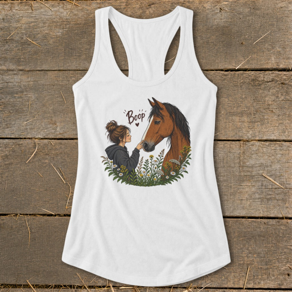 White tank top with illustration of a woman touching a horse's nose and the word "Boop".