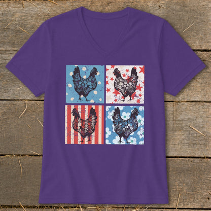 Purple t-shirt with four squares featuring chickens in patriotic patterns.