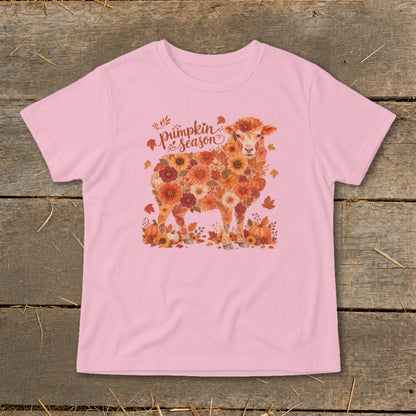 Pink t-shirt with a floral sheep design and "pumpkin season" text.