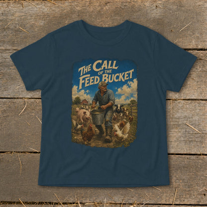 Farmer feeding animals with text "The Call of the Feed Bucket".