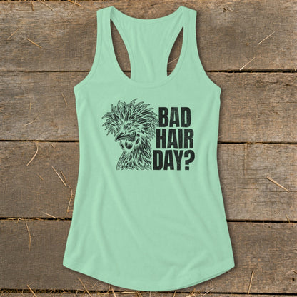 Mint green tank top with a black chicken graphic and text reading "BAD HAIR DAY?".