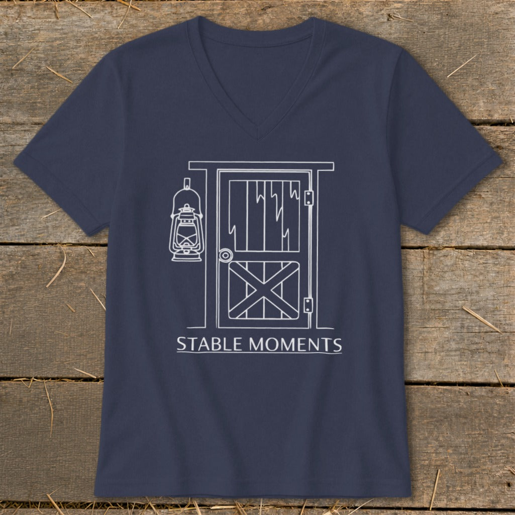 Dark blue v-neck t-shirt with white barn door and lantern graphic and text.
