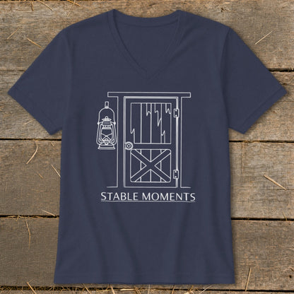 Dark blue v-neck t-shirt with white barn door and lantern graphic and text.