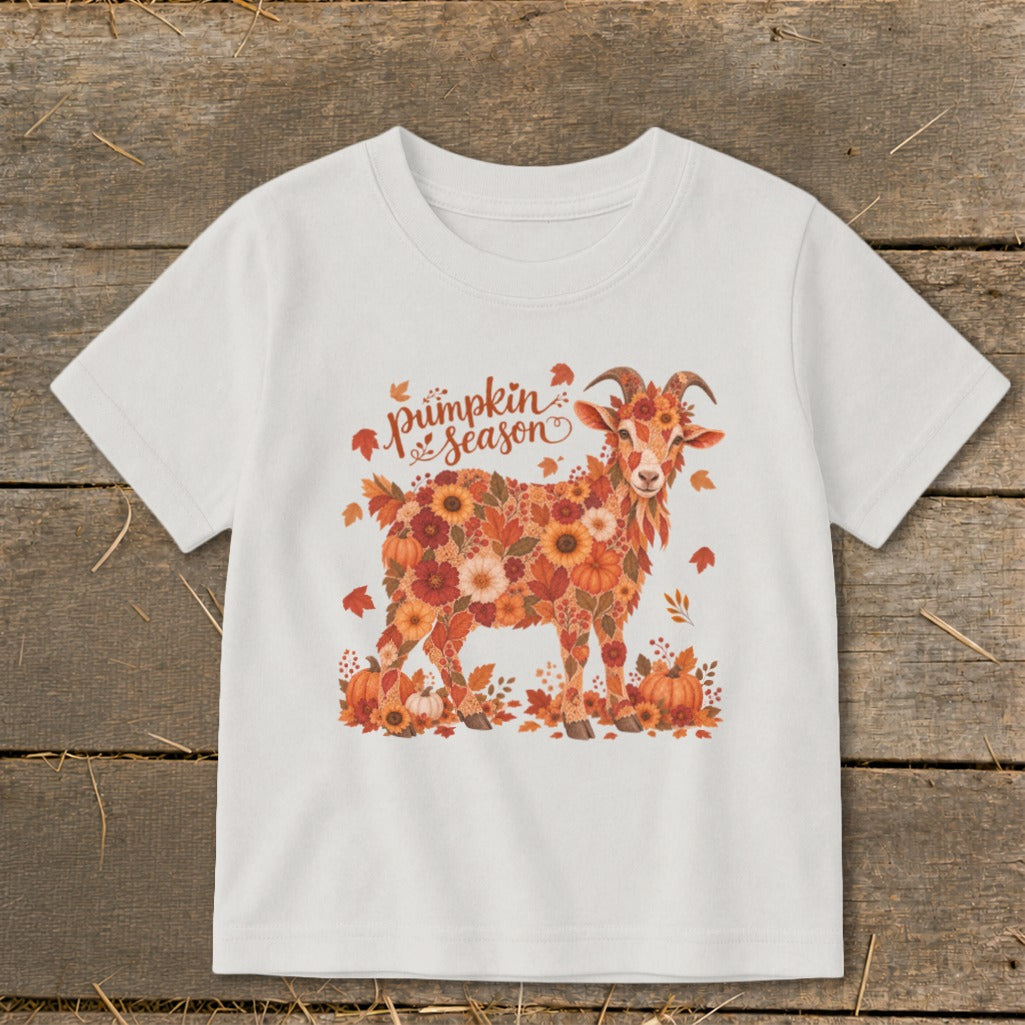 White t-shirt with a floral goat graphic and "pumpkin season" text.