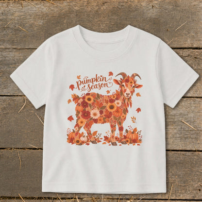 White t-shirt with a floral goat graphic and "pumpkin season" text.