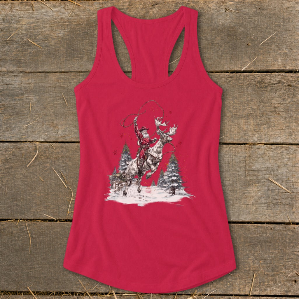 Red tank top with graphic of Santa riding a moose in a snowy forest.