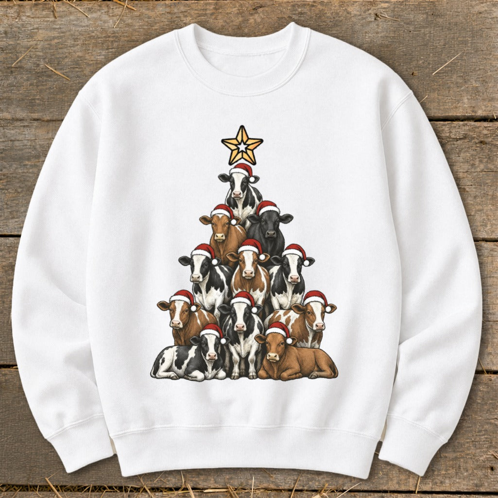 Christmas tree made of cows wearing Santa hats, topped with a star.