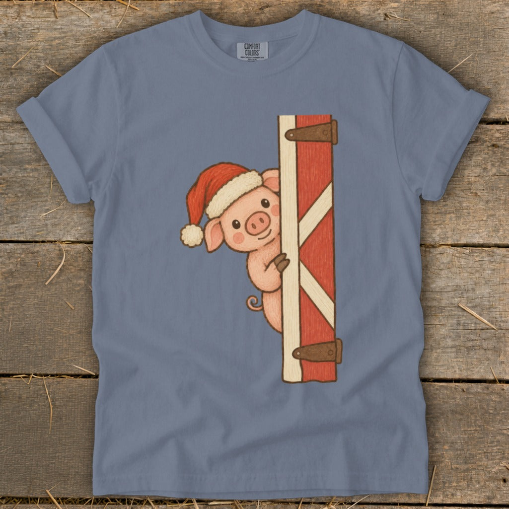 Cute pig in Santa hat peeking around barn door.