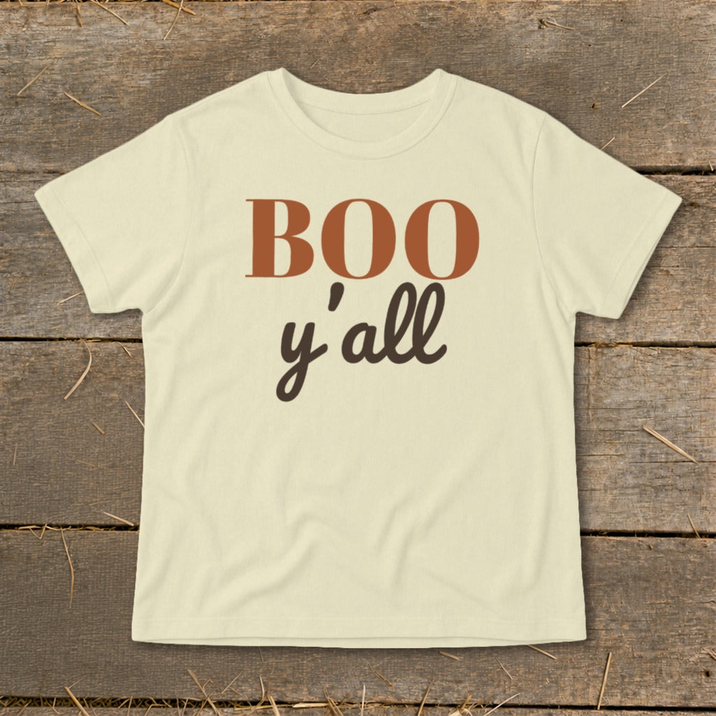 Cream t-shirt with "BOO y'all" text in brown and rust colors.