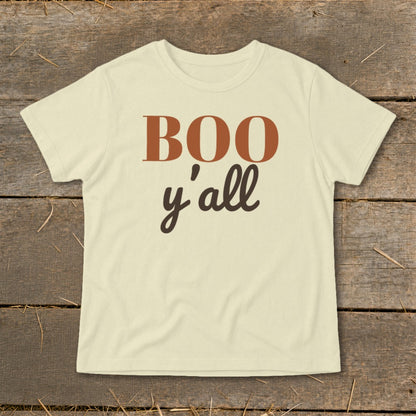 Cream t-shirt with "BOO y'all" text in brown and rust colors.