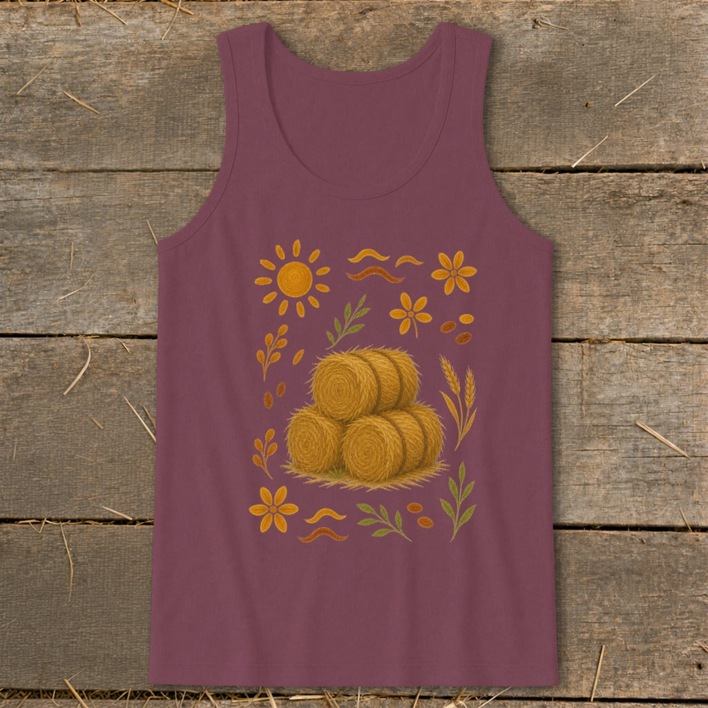 Maroon tank top with a fall harvest design featuring hay bales, sun, and flowers.
