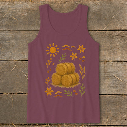 Maroon tank top with a fall harvest design featuring hay bales, sun, and flowers.