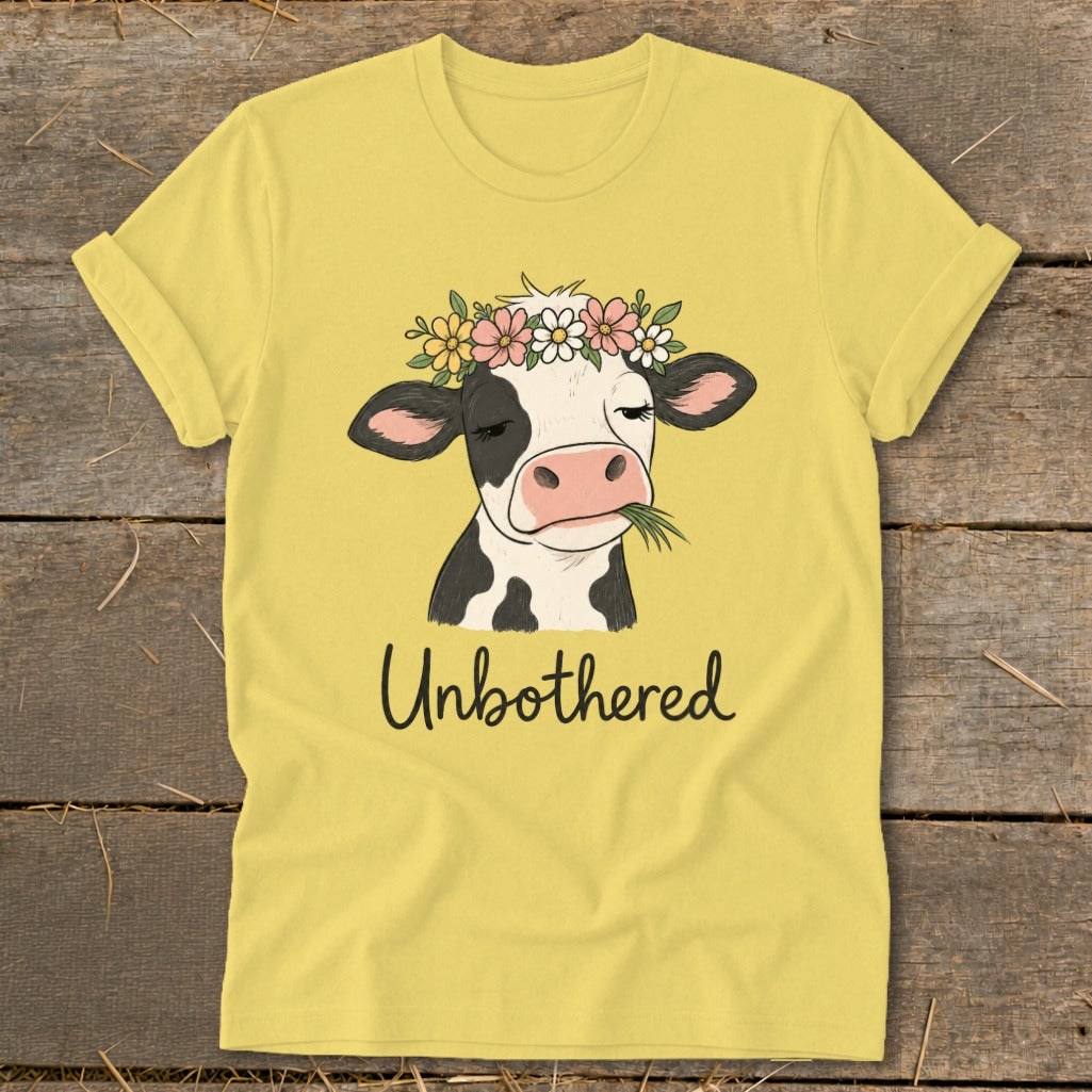 Yellow t-shirt with a black and white cow wearing a flower crown and the text "Unbothered".