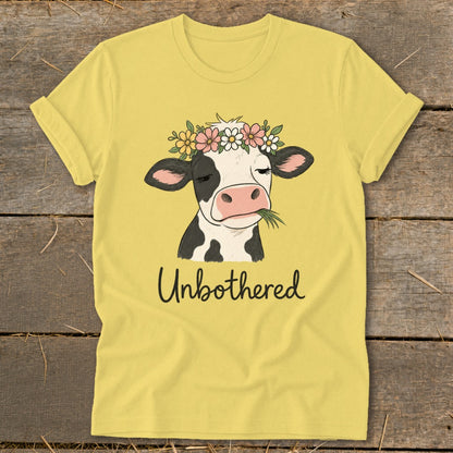 Yellow t-shirt with a black and white cow wearing a flower crown and the text "Unbothered".