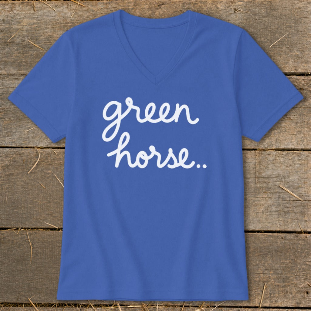 Blue v-neck t-shirt with white cursive text "green horse...".