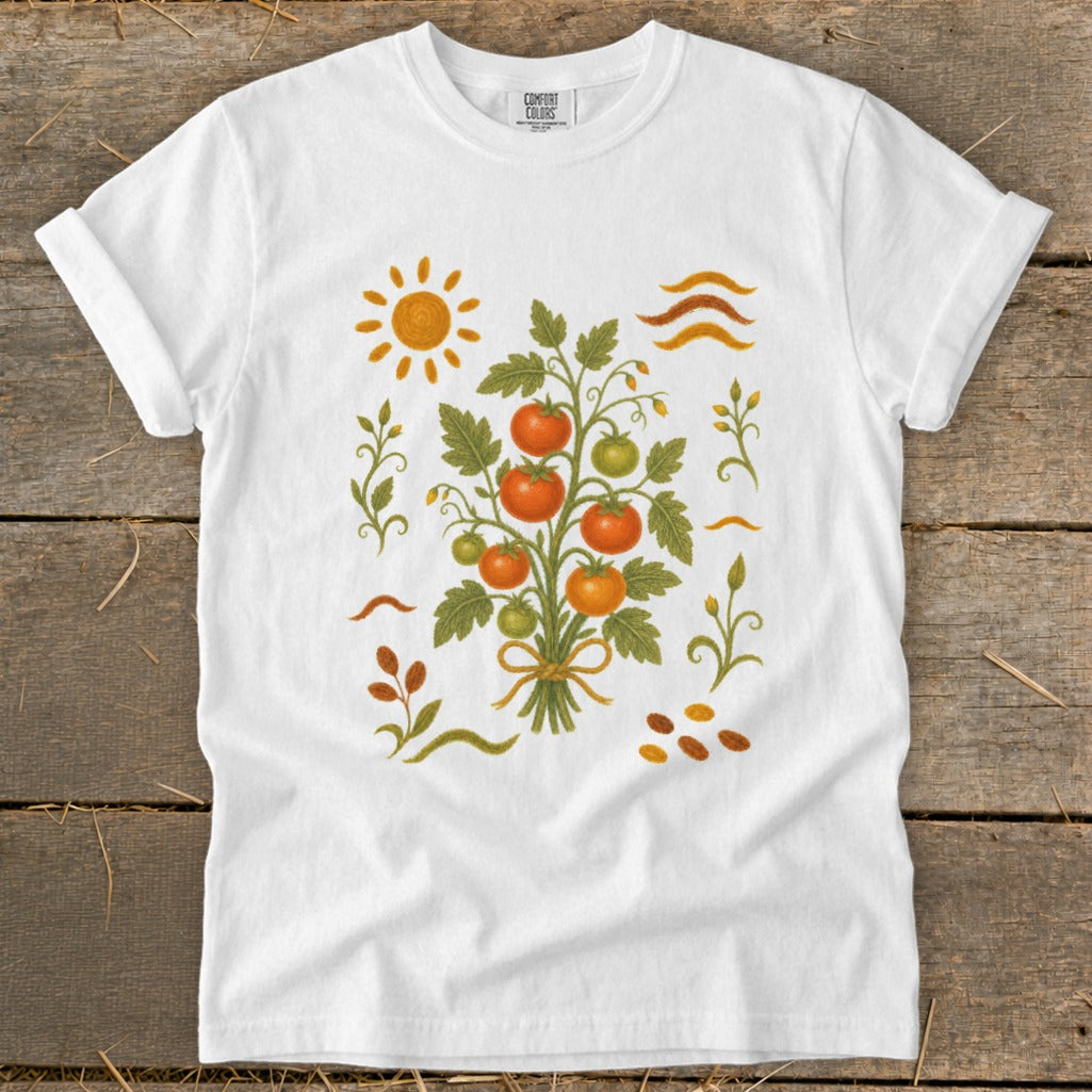 White t-shirt with a bouquet of tomatoes and surrounding botanical illustrations.