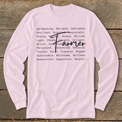 Pink long-sleeve shirt with "Farmer" overlaying a list of positive attributes.