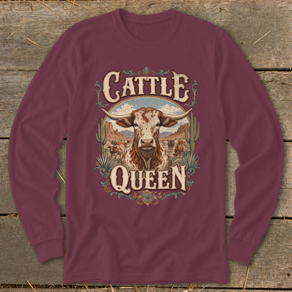 Long sleeve shirt with "Cattle Queen" graphic featuring a longhorn steer and Western scene.