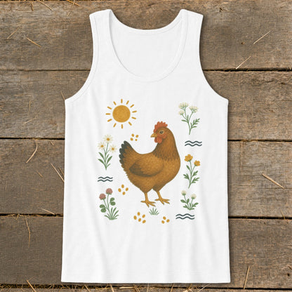 White tank top with a brown hen illustration surrounded by flowers and sun.