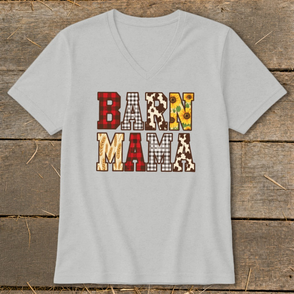 Light gray v-neck t-shirt with "BARN MAMA" graphic in patterned letters.