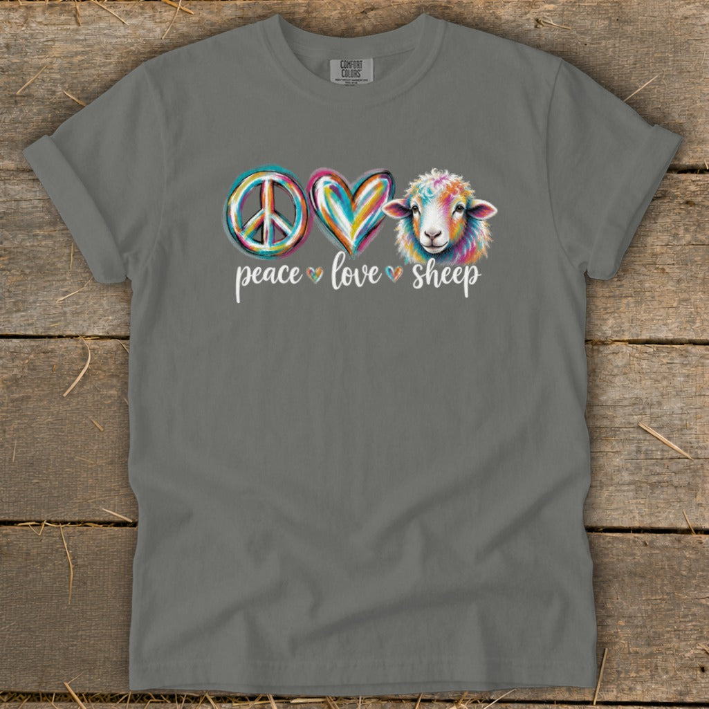 Gray t-shirt with peace sign, heart, and colorful sheep graphic and text.