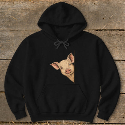 Black hoodie with a cartoon pig peeking from the side.