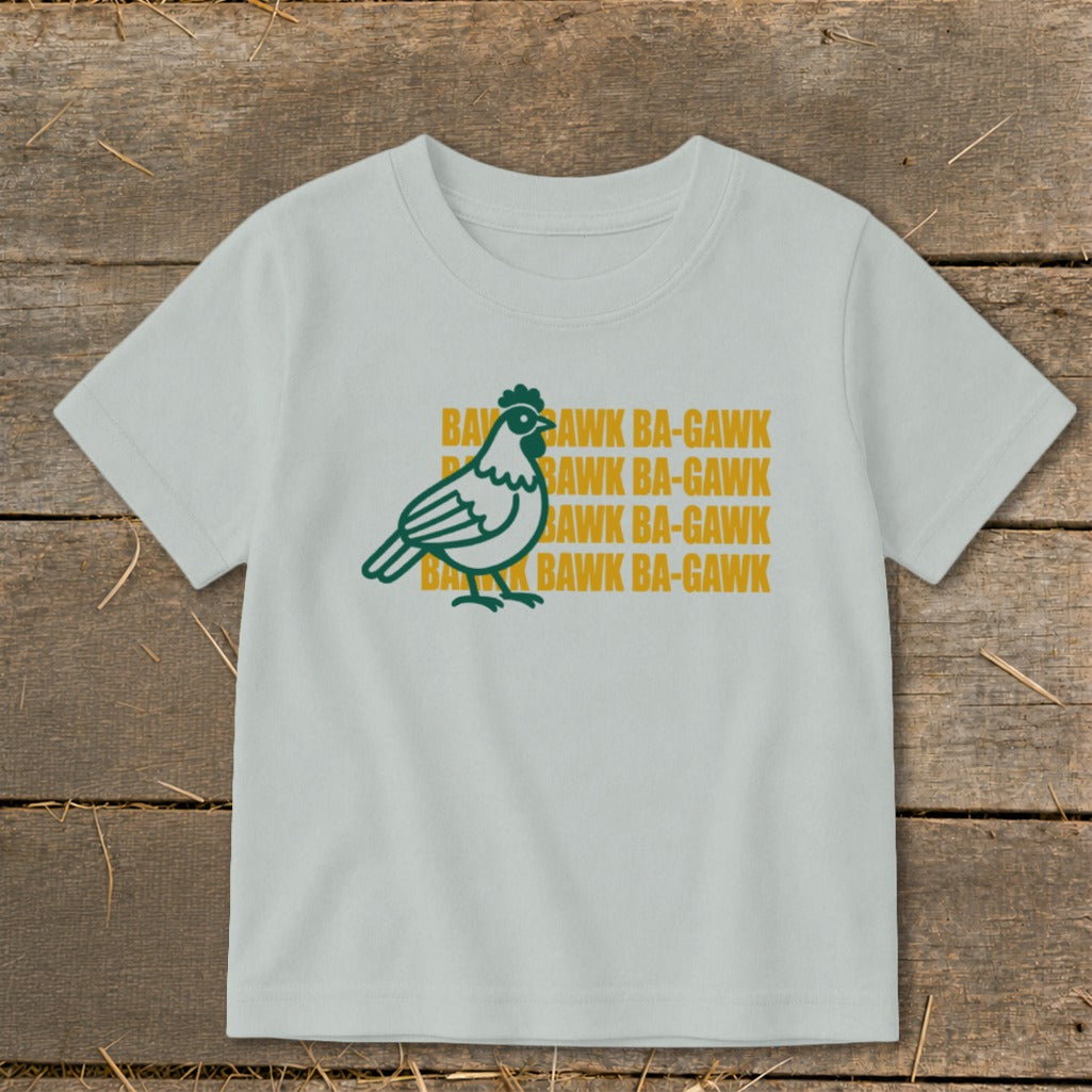 Light grey t-shirt with green chicken graphic and "Bawk Ba-Gawk" text.
