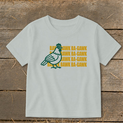 Light grey t-shirt with green chicken graphic and "Bawk Ba-Gawk" text.