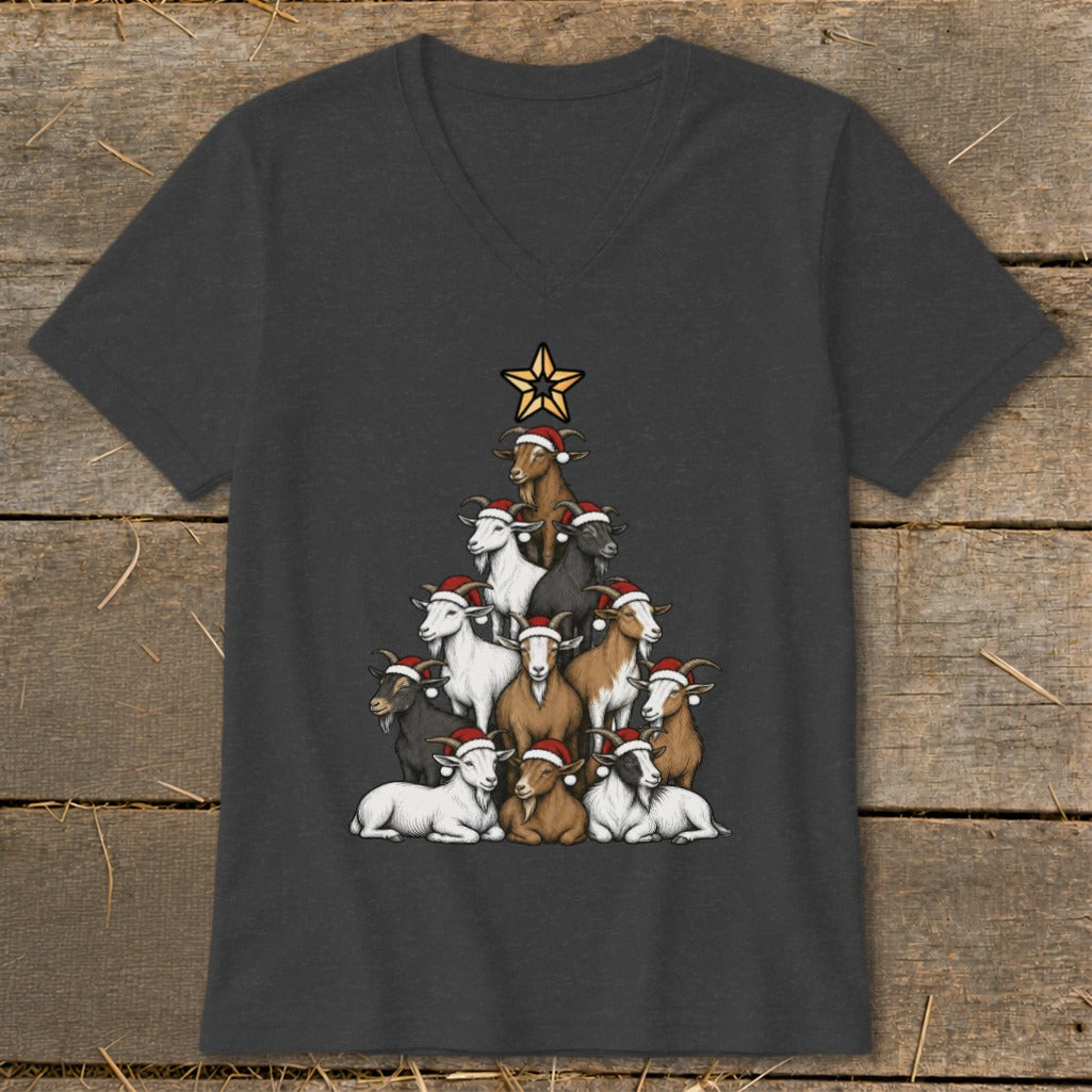 T-shirt graphic of goats wearing Santa hats forming a Christmas tree with a star topper.