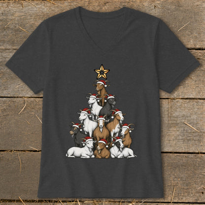 T-shirt graphic of goats wearing Santa hats forming a Christmas tree with a star topper.
