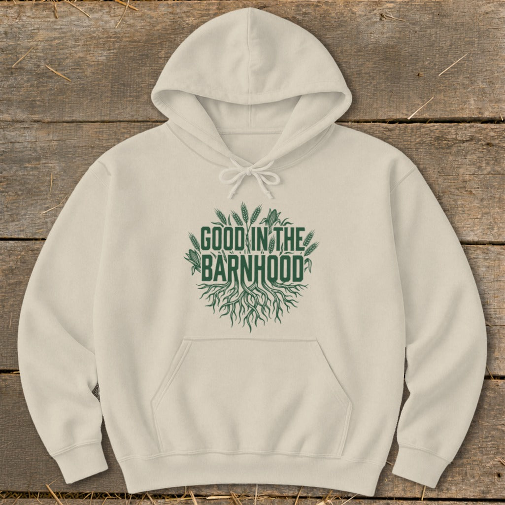 Cream hoodie with green "Good in the Barnhood" text and root graphic.