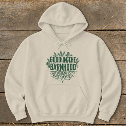 Cream hoodie with green "Good in the Barnhood" text and root graphic.