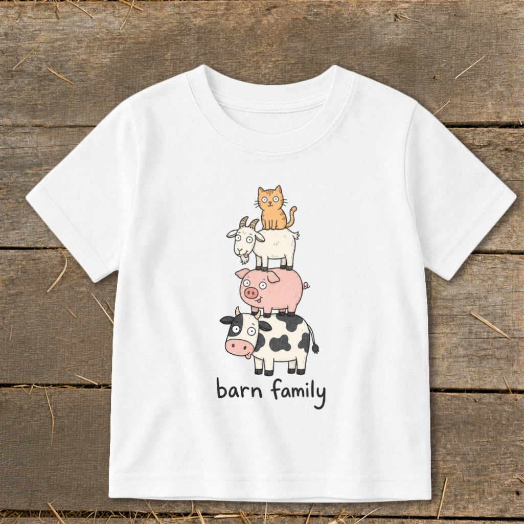 White t-shirt with cartoon stack of cow, pig, goat, and cat with "barn family" text.