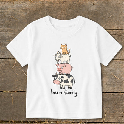 White t-shirt with cartoon stack of cow, pig, goat, and cat with "barn family" text.