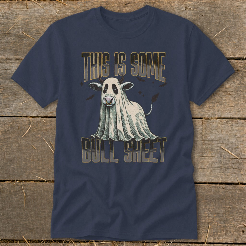 Navy t-shirt with a cow in a ghost costume and text "THIS IS SOME BULL SHEET".