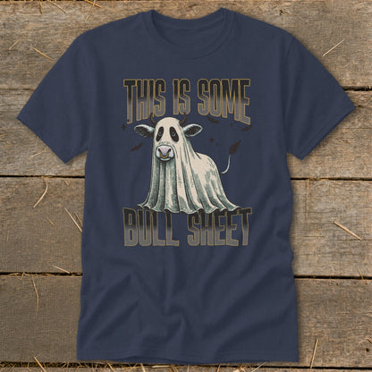 Navy t-shirt with a cow in a ghost costume and text "THIS IS SOME BULL SHEET".